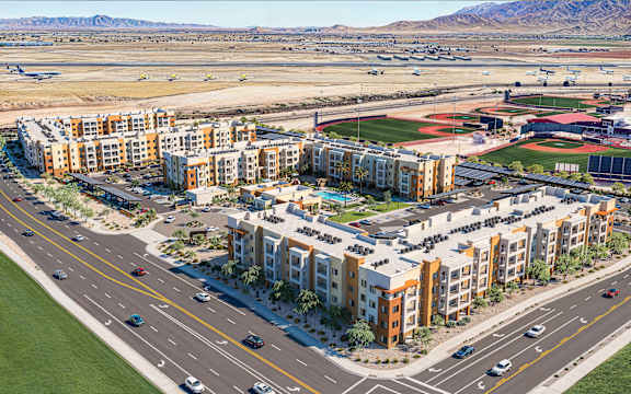 Apartment community with central pool and sports facilities at Vivir at Ballpark Village Apartments, Arizona