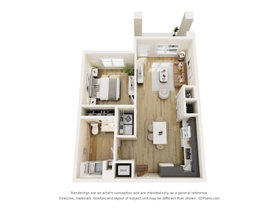 3D floor plan of one bedroom apartment layout at Vivir at Ballpark Village Apartments, Goodyear, 85338