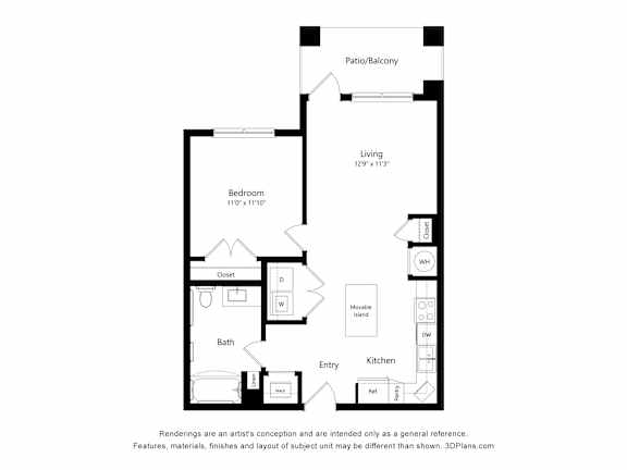 One bedroom apartment floor plan with patio at Vivir at Ballpark Village Apartments, Goodyear, Arizona