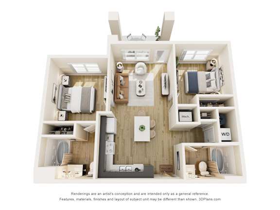 3D floor plan of two bedroom apartment layout at Vivir at Ballpark Village Apartments, Goodyear