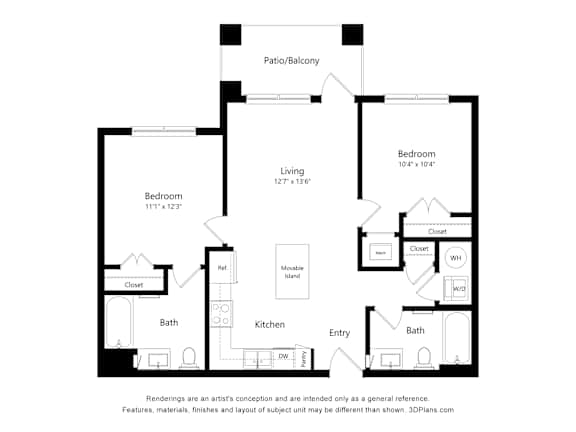 Two bedroom two bath apartment floor plan at Vivir at Ballpark Village Apartments, Arizona