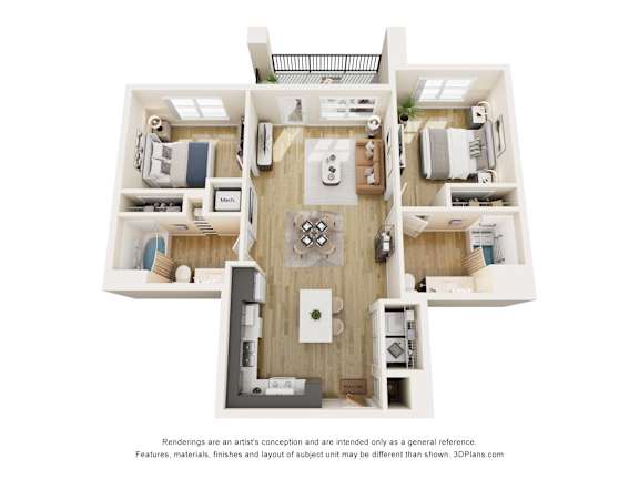 3D floor plan of three bedroom apartment layout at Vivir at Ballpark Village Apartments, Arizona, 85338