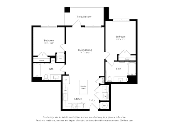 Two bedroom two bath floor plan with balcony at Vivir at Ballpark Village Apartments, Goodyear, AZ 85338