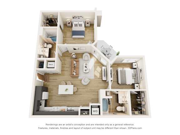 3D floor plan of two bedroom two bath layout at Vivir at Ballpark Village Apartments, Goodyear, AZ