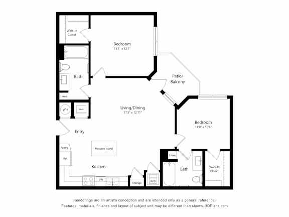 Two bedroom apartment floor plan with dual walk-in closets at Vivir at Ballpark Village Apartments, Goodyear, 85338