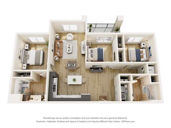 3D floor plan of three bedroom two bath layout at Vivir at Ballpark Village Apartments, Goodyear, Arizona