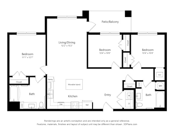 Three bedroom apartment floor plan with living space at Vivir at Ballpark Village Apartments, Goodyear