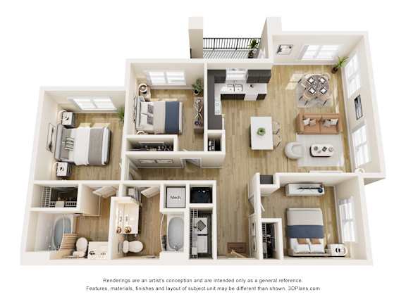 3D floor plan of two bedroom apartment interior at Vivir at Ballpark Village Apartments, Arizona