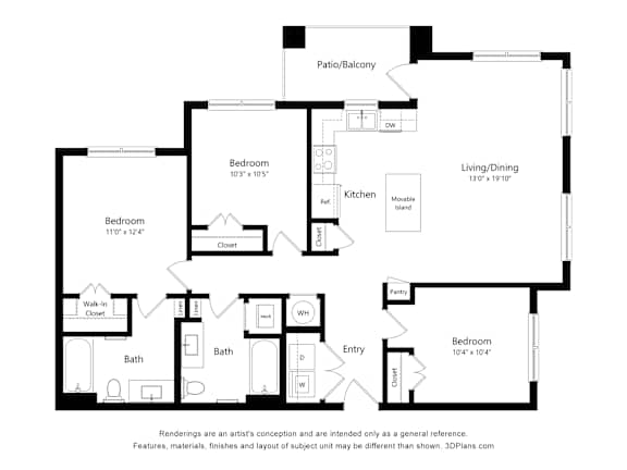 Three bedroom two bath apartment floor plan at Vivir at Ballpark Village Apartments, Arizona, 85338