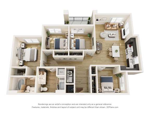 3D floor plan of four bedroom apartment layout at Vivir at Ballpark Village Apartments, Goodyear, AZ 85338