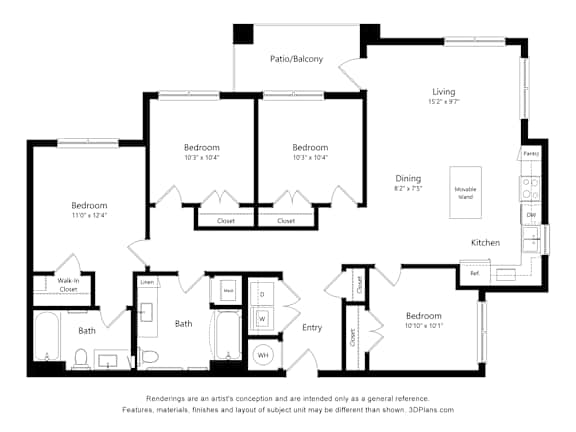 Four bedroom apartment floor plan with patio at Vivir at Ballpark Village Apartments, Goodyear, AZ