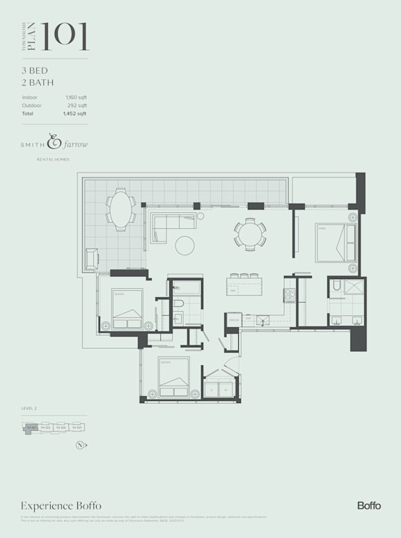A floor plan of a 3 bedroom, 2 bathroom apartment with a total area of 1452 square feet.
