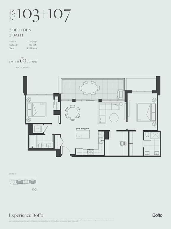 A floor plan for a two bedroom, two bathroom apartment.