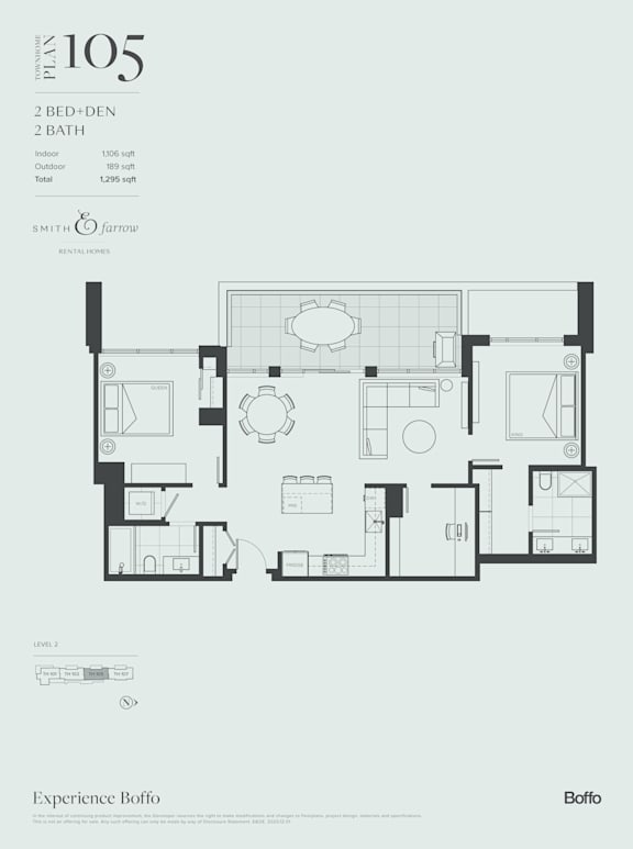 A floor plan for a 105 square meter apartment with two bedrooms and two bathrooms.