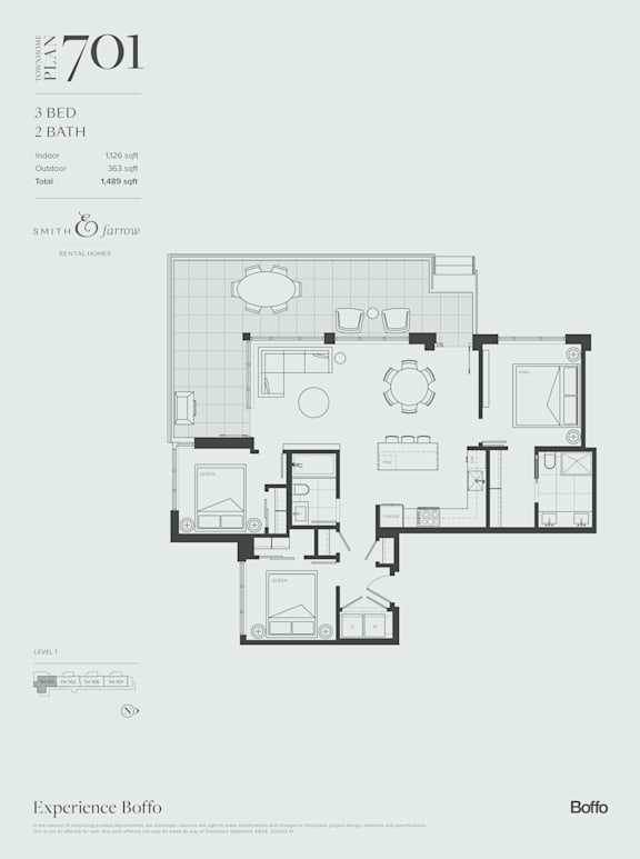 A floor plan of a 3 bedroom, 2 bathroom apartment with a total area of 1,489 square feet.
