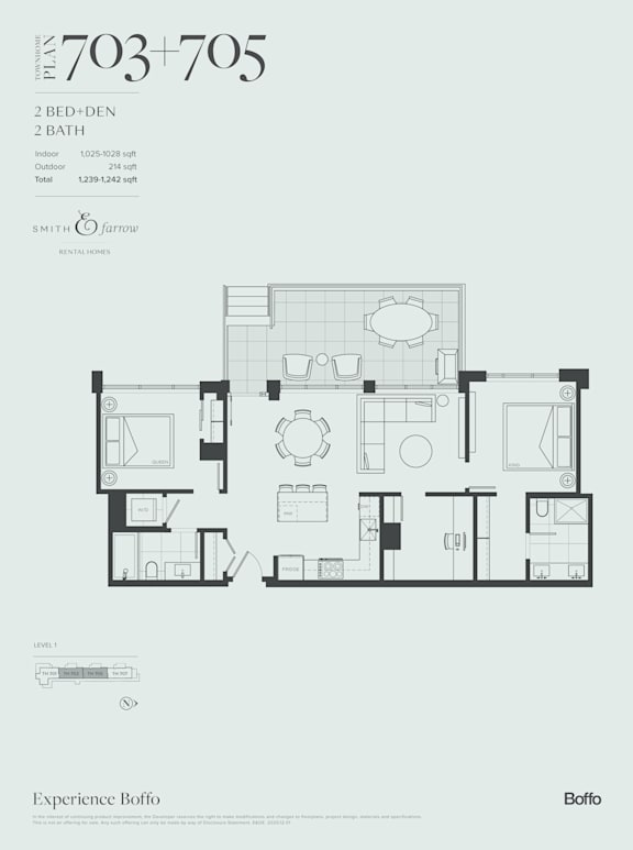A floor plan for an apartment with 2 bedrooms and 2 bathrooms is displayed.