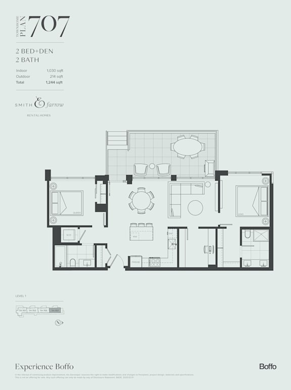 A floor plan for a 2 bedroom, 2 bathroom apartment sized at 128 square meters.
