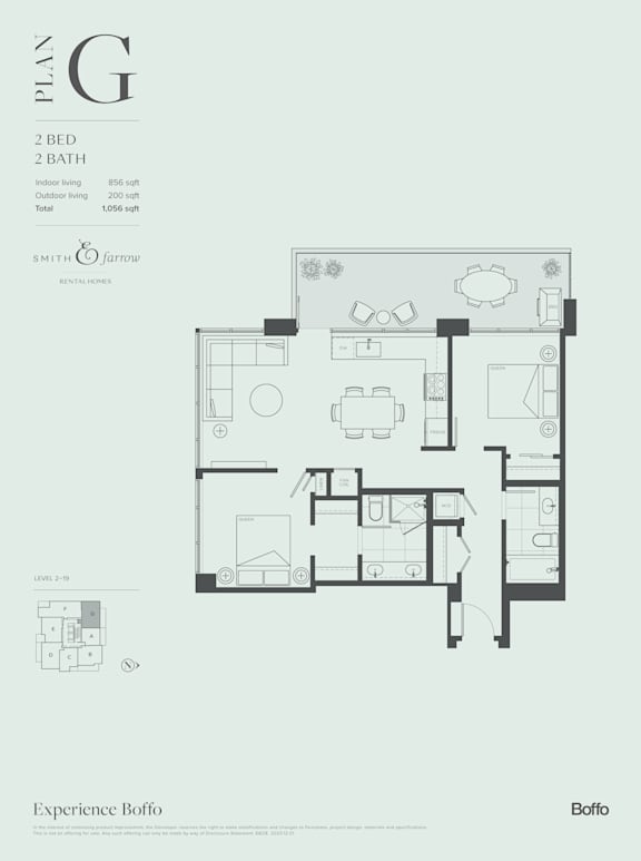 A floor plan for a 2 bedroom, 2 bathroom apartment.