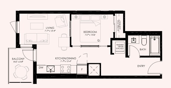 Floor Plan  A floor plan of a small apartment with a living room, kitchen, bedroom, bathroom, and balcony.