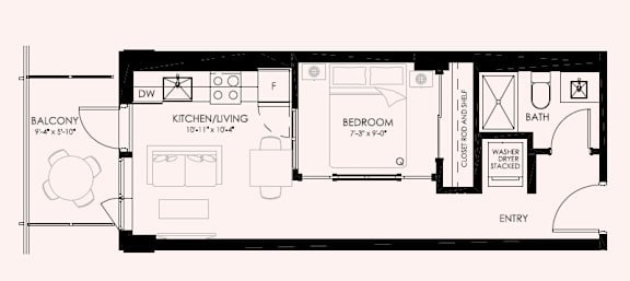A floor plan of a small apartment with a kitchen, living room, and bedroom.