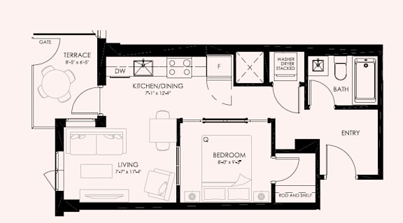 A black and white floor plan of a house with a kitchen, living room, and bathroom.