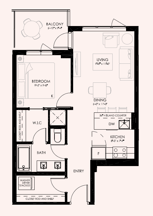 A black and white floor plan of a house with a balcony, bedroom, bathroom, kitchen, dining area, and living room.