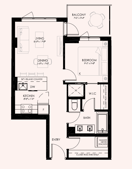 A floor plan of an apartment with a balcony, living room, dining room, kitchen, bathroom, and bedroom.