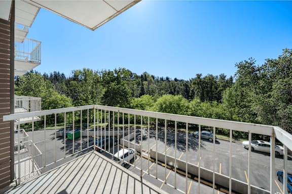 A balcony with a white railing overlooks a parking lot and trees.
