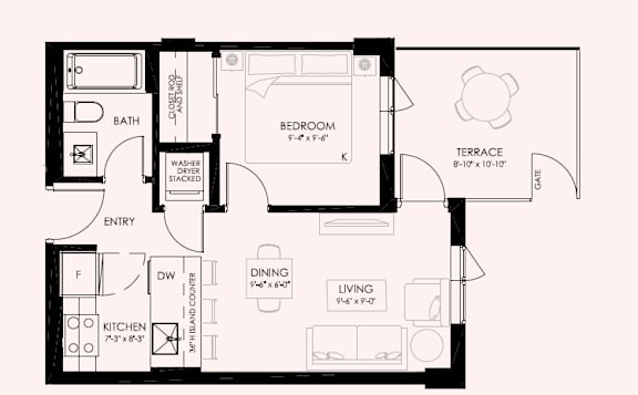 A floor plan of a house with a bedroom, living room, kitchen, and bathroom.