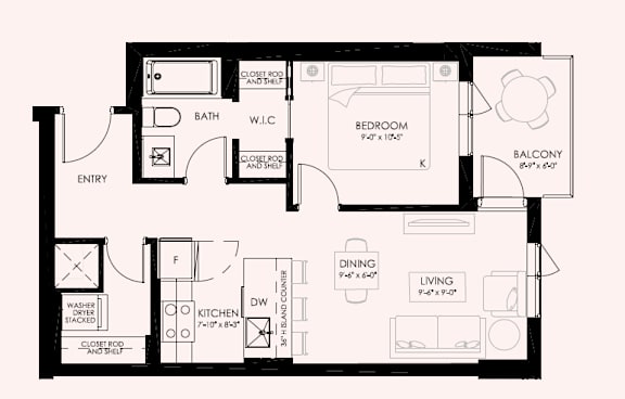 Floor Plan  A floor plan of a house with a bedroom, living room, kitchen, and bathroom.