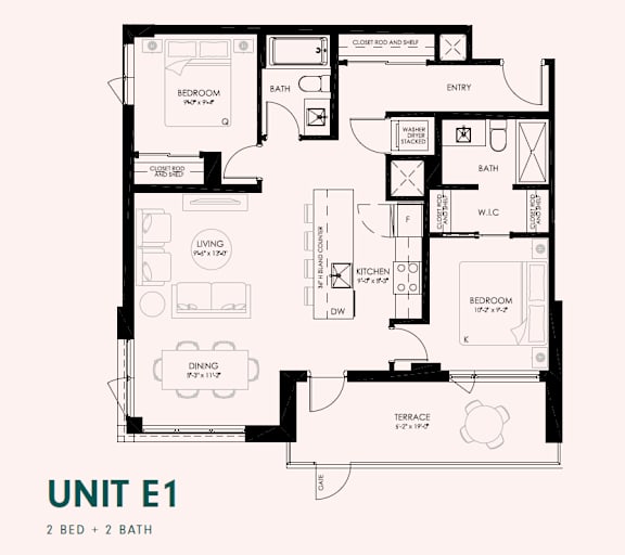 Floor Plan  A black and white floor plan of a unit with two bedrooms and two bathrooms.
