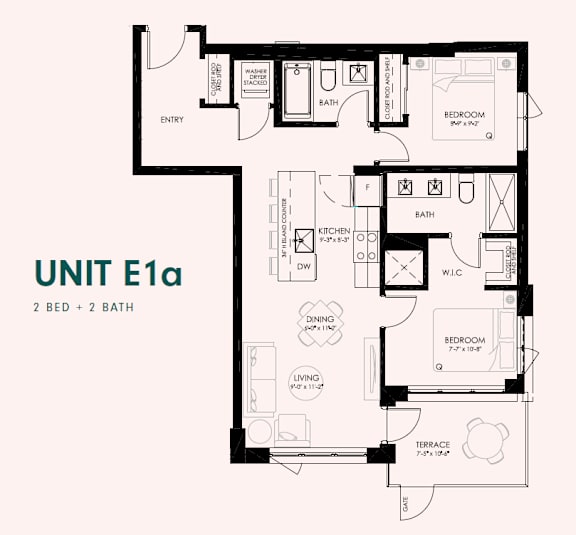 Floor Plan  A black and white image of a floor plan for a unit with two bedrooms and two bathrooms.