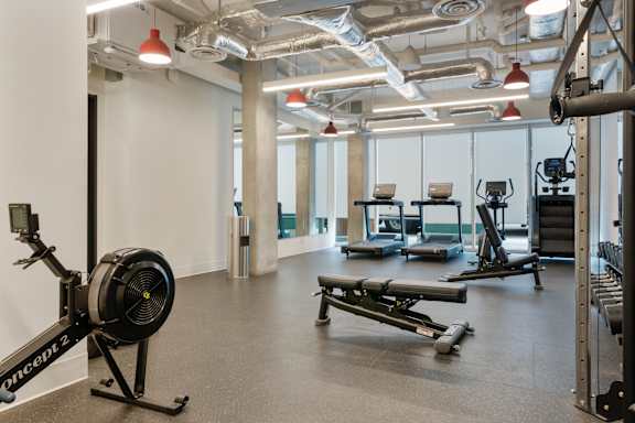 A gym with a rowing machine on the left and a bench press on the right.