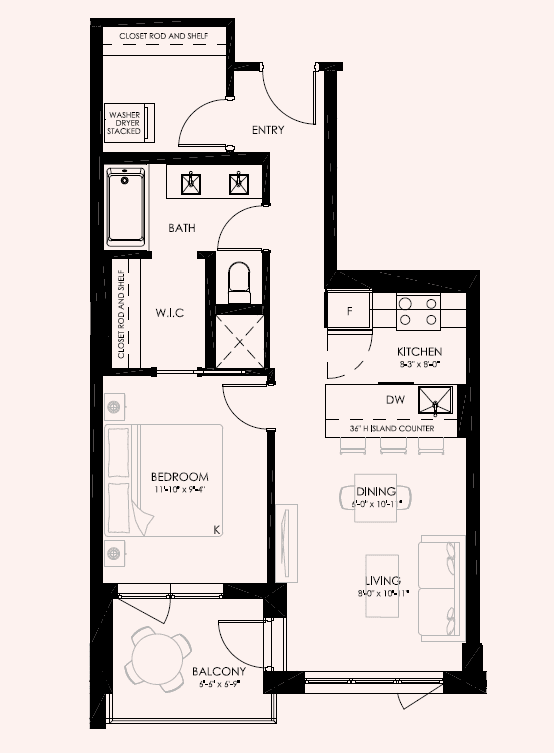 A floor plan of a house with a living room, dining room, kitchen, and bathroom.