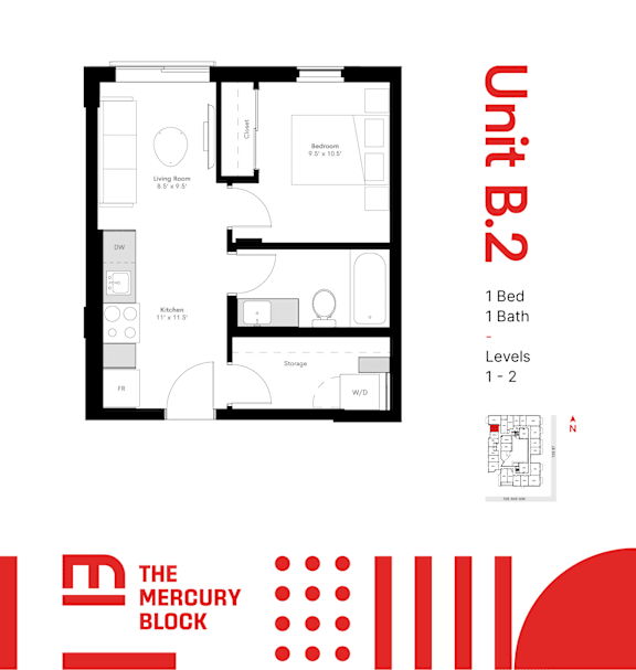 A black and white image of a floor plan for a unit with the title "Unit B.2" in red.