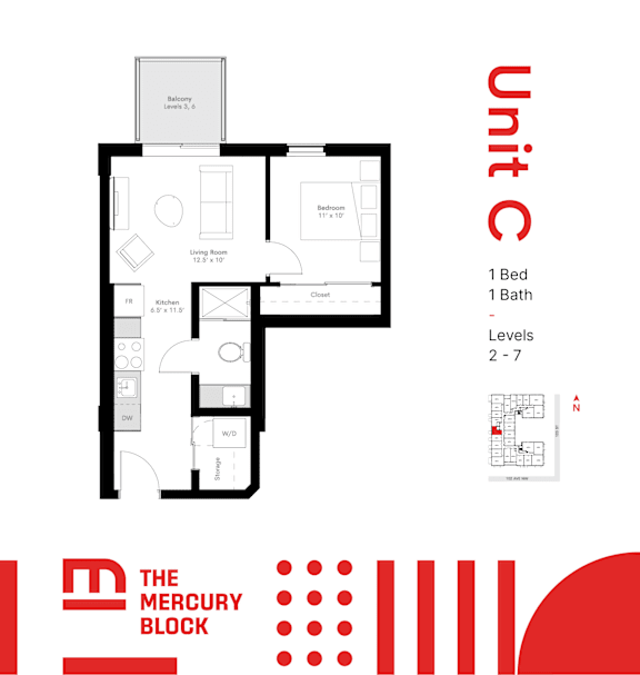 A floor plan for a unit C shows a bedroom, a bathroom, a living room, a kitchen, and a dining area.