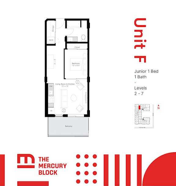 A diagram of a floor plan for a unit with a Junior 1 Bed and 1 Bath.