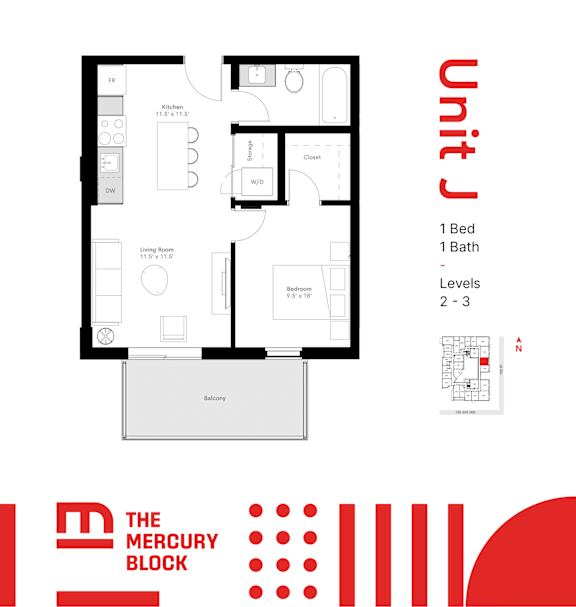 A black and white diagram of a one bedroom apartment with a balcony.