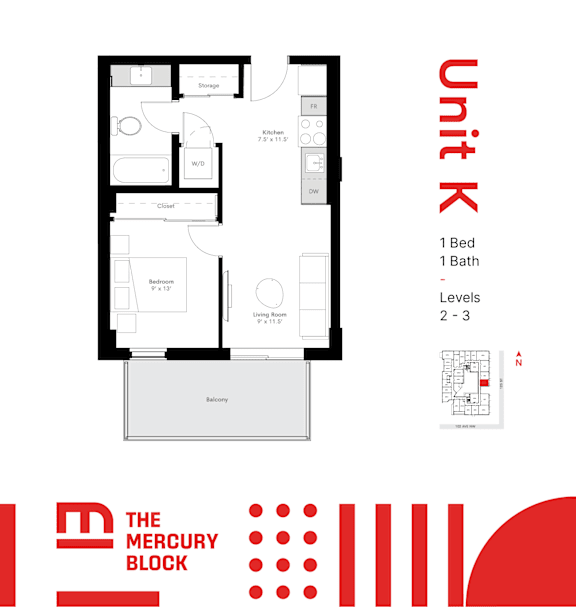 A floor plan for a unit with a bedroom, bathroom, and living room.