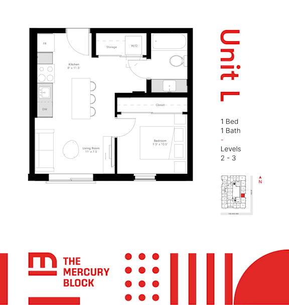 A black and white diagram of a one bedroom, one bathroom apartment on the second or third level.