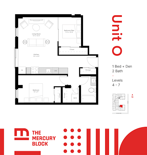 A floor plan for a unit with a bedroom, living room, kitchen, and bathroom.