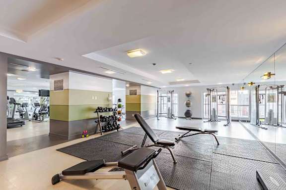 A gym with a variety of equipment including treadmills, weights, and exercise machines.