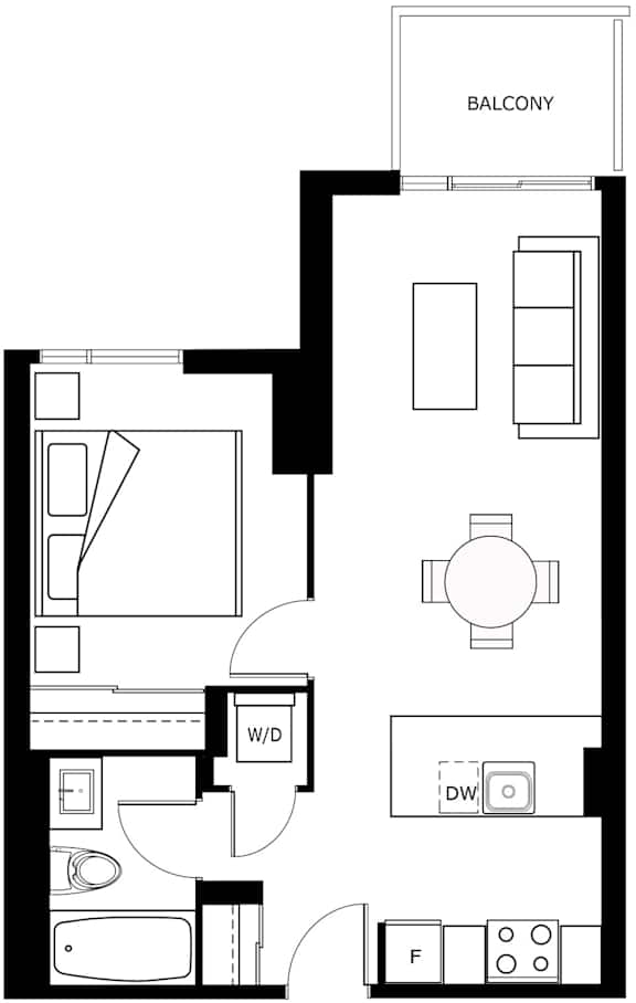 A floor plan of a house with a balcony, a bathroom, and a kitchen.