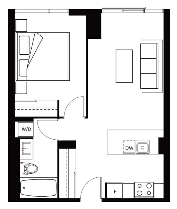 A floor plan of a house with a kitchen, living room, and bathroom.