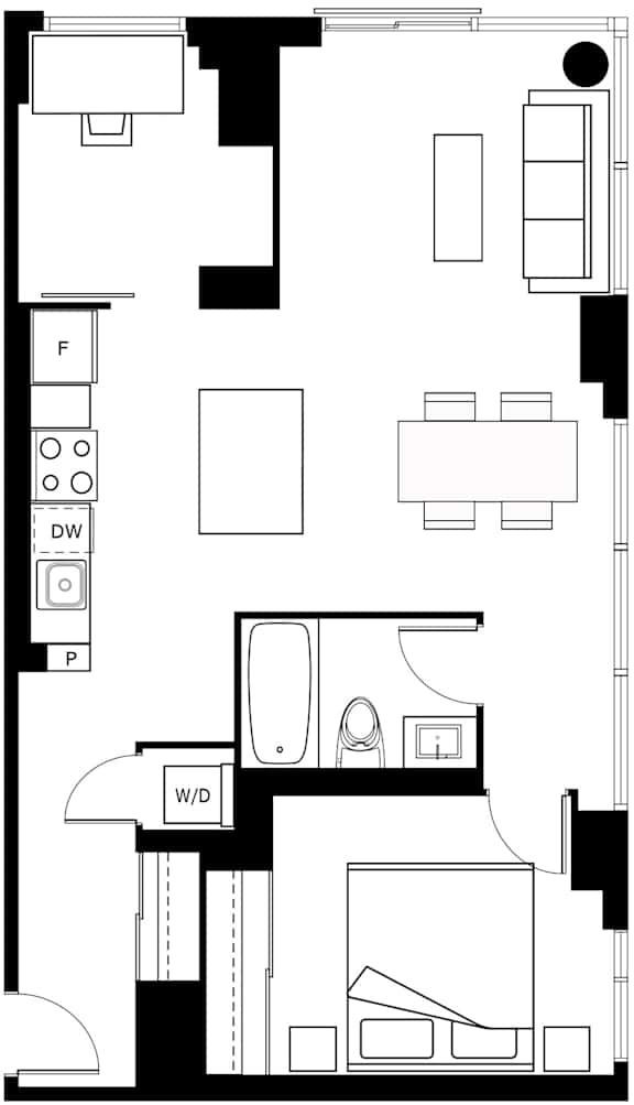 A floor plan of a house with labeled rooms such as DW, P, and W/D.