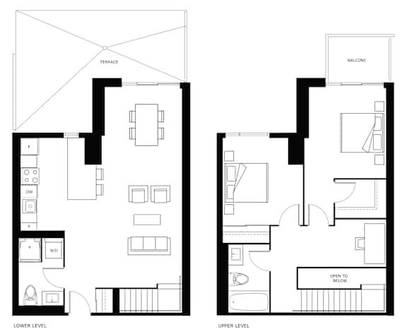 A black and white image of a floor plan for a house with a terrace and balcony.