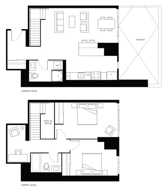 A black and white image of a floor plan for a two-level home.