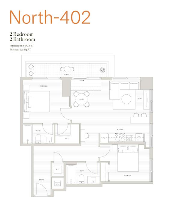 A floor plan of a North-402 apartment with 2 bedrooms and 2 bathrooms.