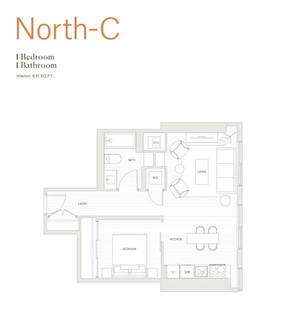 A floor plan of a North-C apartment with one bedroom and one bathroom.