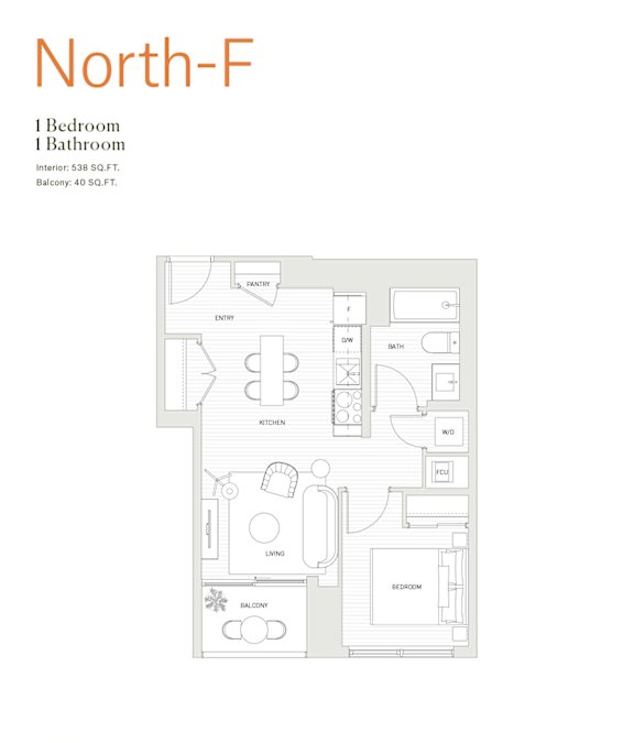 A floor plan of a North-F apartment with 1 bedroom and 1 bathroom.